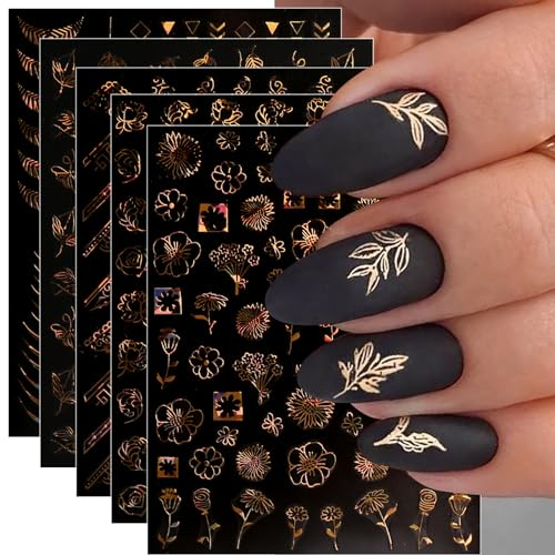 jmeowio JMEOWIO Nagelsticker Frühling Blume 12 Blatt Nail Art Sticker Selbstklebend Nagelaufkleber Sommer Blumen Gold Dekoration Nageldesign Zubehör