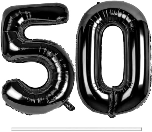 LAPONO Zahlen Luftballons 50 Schwarz, 2 Folienballons Zahlen 5+0, Helium Geeignet mit Aufblashalm, Selbstschließendes Ventil, Geburtstag Deko Party Foto für runden Geburtstag Jubiläum Tischdeko