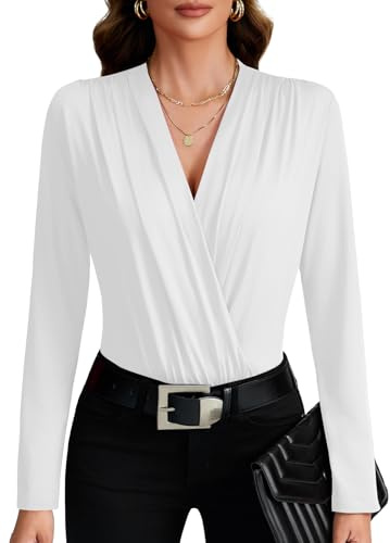 LYANER Women's Wraped V Neck Ruched Long Sleeve Leotard Bodysuit Top White# X-Large
