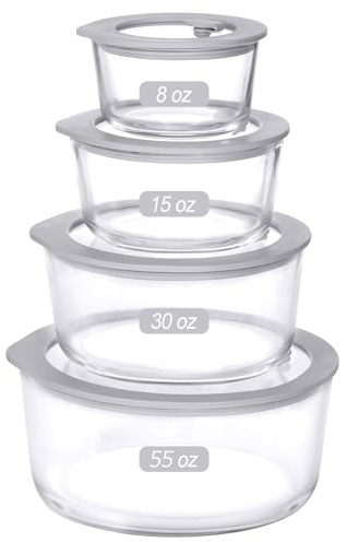 EcoEvo Glass Food Containers with Glass Lid, Microwave Safe Food Storage Container, Large 4 Pack Round Shape, Food Containers with Lids, Meal Prep containers with Leak Proof Lid.