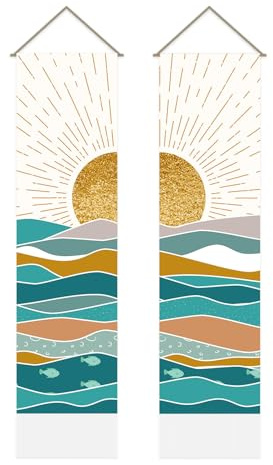 AHANDMAKER Paquete de 2 Tapices de Amanecer del Océano Tapiz de Olas del Océano Arte de Amanecer en el Mar Tapiz de Borlas para Colgar en la Pared para Habitación, 33 x 130 cm
