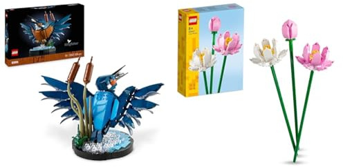 LEGO Icons Eisvogel Modellbausatz für Erwachsene, Vogel-Modell fürs Wohnzimmer & Creator Lotusblumen, Blumenstrauß-Set mit 3 künstliche Blumen