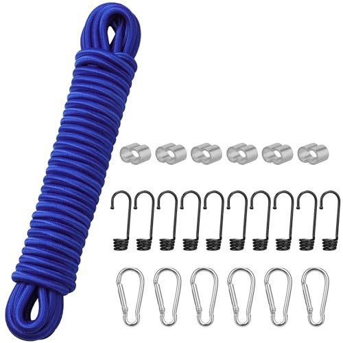 PRETEX Corda Elastica - Ø 8 mm x 10 m - con 10 Ganci e 6 Moschettoni per Teloni e Striscioni - Cinghia Portapacchi per Fai da Te - Resiste alle Intemperie e ai Raggi UV - Blu