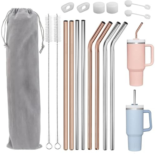 Rierousy 8 Stück Strohhalme Edelstahl, 31cm Lange Strohhalm Metall für Stanley Adventure Quencher 30oz/40oz Cup, Strohhalme Wiederverwendbar Trinkhalme Edelstahl mit 2 Reinigungsbürsten (Roségold)