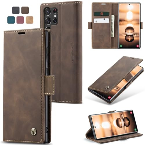 owlhold Hülle für Samsung Galaxy S23 Ultra 5G, Hülle Premium PU-Leder [Karten- und Geldbörsenfach][Klappständer][Magnetverschluss] Stoßfest Buch-Etui Gehäuse für Samsung Galaxy S23 Ultra 5G - Kaffee