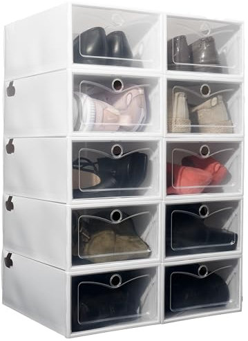 4MWOOD.CO Schuhkartons, 10er-Set, Schuh-Organizer aus Kunststoff mit aufklappbarer Tür, faltbar und stapelbar, für Schuhe, weiß, 31x21x12 cm