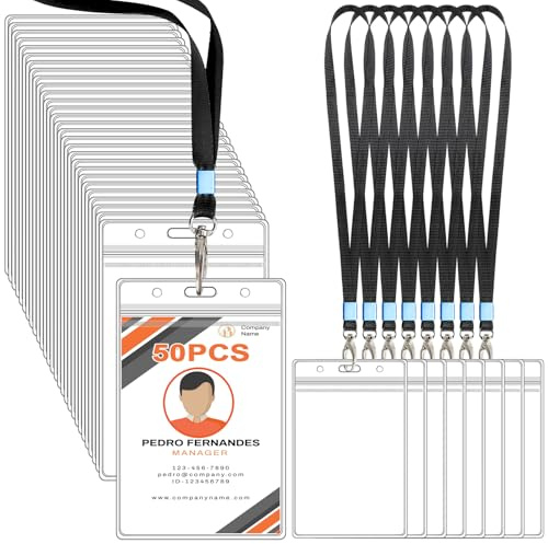 HIMOMO 50PCS Verticales Porta Tarjetas Colgante, Transparente Tarjetero con Cordón,Transparente Funda Tarjeta Identificación Para La Escuela, Oficina, Evento,Conferencias