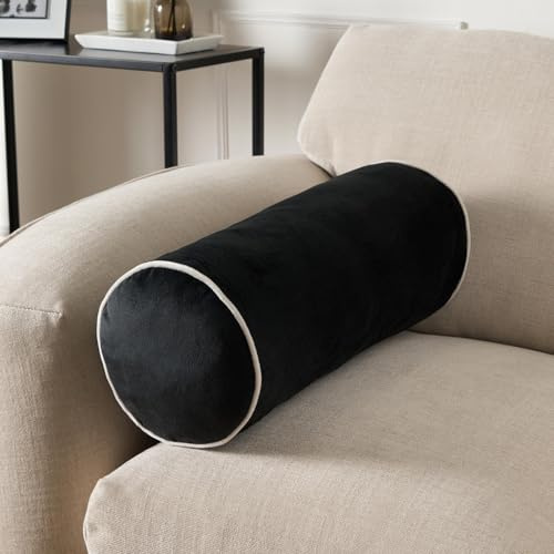 OHS Bolster Cushion Matte Velvet Cylinder Pillow, Soft Velvet Neck Roll Pillow for Armrest & Head Support Yoga Bolster Cushion for Sofa & Bed, Black/Cream-46x20cm