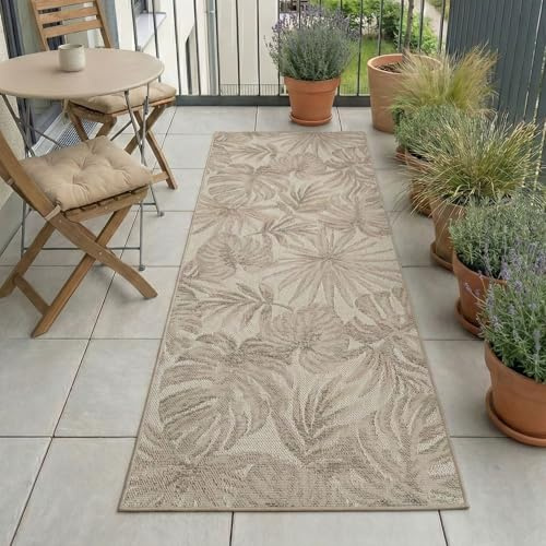 Carpetsale24 Alfombra de Exterior Beige 80x250 cm, Resistente a la Intemperie y a los Rayos UV, para la Cocina, el balcón, la terraza, así como para el salón y el Comedor, Diseño de Hojas de Palma