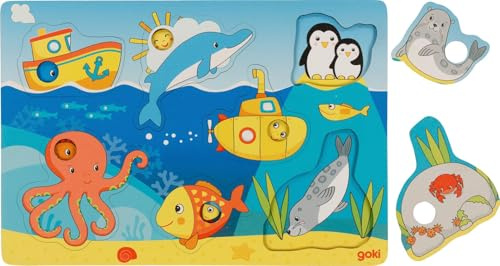 goki 57307 – Hintergrundbildpuzzle Meerestiere – Tierpuzzle mit Holzgriffen für Kleinkinder