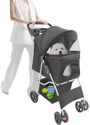 Hundewagen 2in1 Faltbar Hundebuggy, Bis 15 kg Tragbarer Haustier Kinderwagen mit Netzfenstern & Getränkehalter, Haustierwagen Transporttasche für Kleine und Mittelgroße Katze Hund