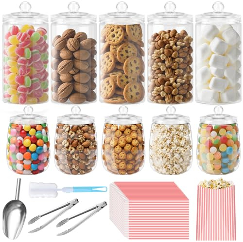 Mssushi 10 Pcs Retro Sweet Jars for Candy Buffet Reusable | 2 Styles, Empty Sweet Jars with Lids, 2 Tongs, 1 Shovel, 60 Bags, 1 Brush, Clear Sweet Containers, for Parties, Weddings
