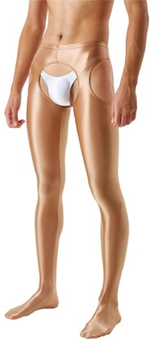 Riismen Hombres Brillantes Medias De Aceite Leggings Largos Pantimedias De Nylon Medias Pantys Con Abertura En La Entrepierna Ropa Interior Café XL