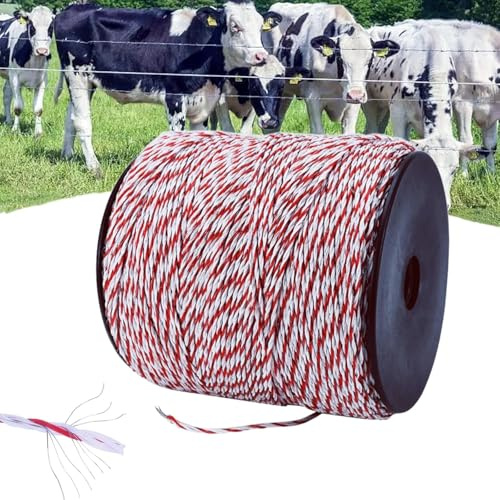 Qivine Weidezaunlitze 1000m, Polydraht-Edelstahl Litze Weidezaun Pferde, Leitfähiges Elektrozaun für Hunde, Rinder, Schafe (Rot Weiß)