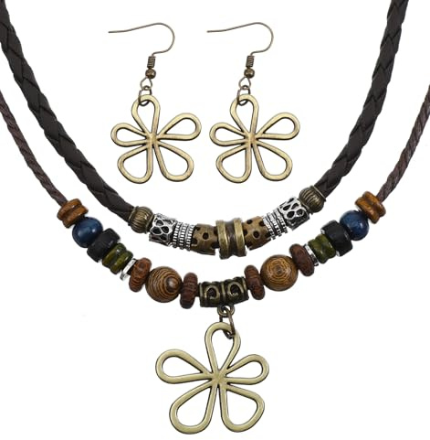 ValueBargain Boho Necklaces for Women, Multi-Layer Wood Bead Necklace with Hollow Flower Earrings, Retro Hippie Necklaces and Earrings Jewelry Set for Women & Men, Festivals and Everyday Wear