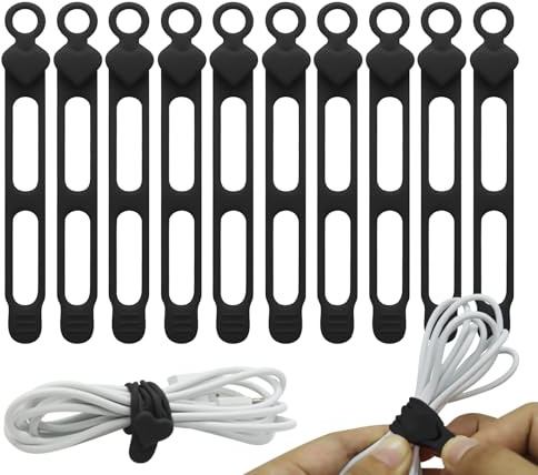 Correas para cables, 10 bridas de silicona para organizar cables y cables, gestión de cables elásticos para organizar el escritorio del coche al aire libre, organizador de escritorio