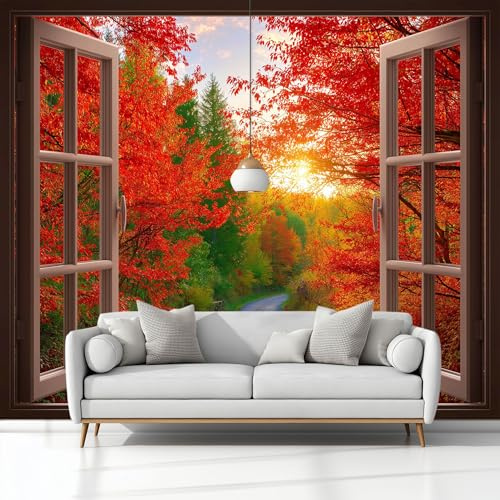 Fotomurales 250x175 cm Papel Pintado Tejido no Tejido Paisaje Otoñal Fuera De La Ventana Rojo, Moderna Murales Fotográfico Decoración de Pared Sala Cuarto Oficina Salón