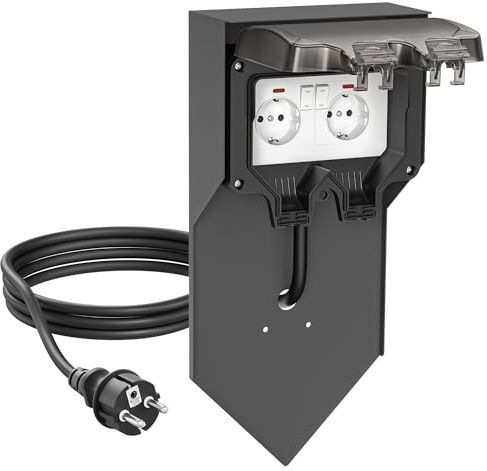 ledscom.de POXO colonna di presa con picchetto di terra e cavo da 2 m per esterni, IP65, 2-gang, antracite/nero, angolare, 40 cm