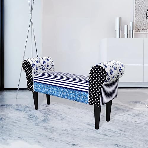 Owoxanthellate Landhaus Sitzbank 100x32x54 cm, Blau-Weiß Patchwork Polsterbank mit Stauraum, Eichenholz-Füße, 110 kg belastbar, platzsparende Schuhbank für Flur Schlafzimmer Wohnzimmer