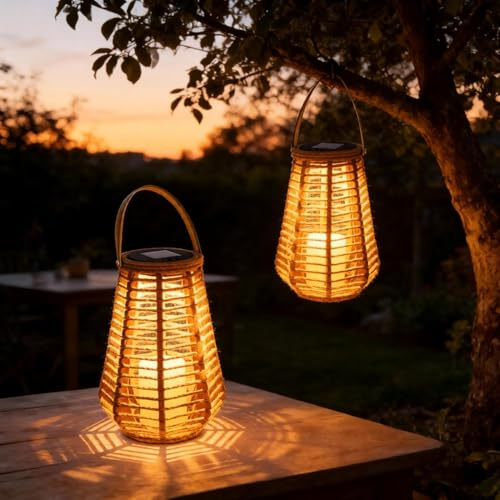 Solarlaterne für Außen 2er Set, 26cm Tischlaterne aus Naturfaser - Solarlampen für Außen Tisch, Boho Windlicht Warmweiß, Dekolaterne Geflochten für Terrasse, Balkon, Garten