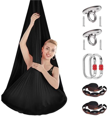 GYTTDERFL Columpio Yoga Aereo Juego Completo de 4x2,8 m, Hamaca aérea de Seda for Yoga, Ejercicios de tracción de inversión, Yoga antigravedad, Pilates, Columpio Trapecio(Black)