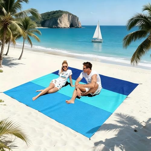 Coperta da spiaggia anti-sabbia, super grande, 220 x 210 cm, coperta da picnic, telo da campeggio, impermeabile, resistente alla sabbia, con borsa per il trasporto, 4 picchetti, per esterni, campeggio