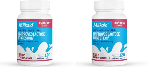 Milkaid Lactase Enzyme Chewable Tablets for Lactose Intolerance Relief, Prevents Gas, Bloating & Diarrhoea, Gluten Free & Vegan, Rasberry, 120 Count (Pack of 2)
