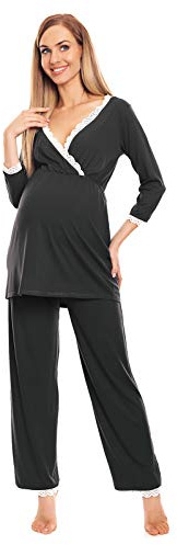 Selente Mummy Love 0136 Umstands-Schlafanzug (Made in EU) Pyjama/Nachtwäsche-Set für die Schwangerschaft und Stillzeit, Dunkelgrau mit Spitze, Gr. S-M