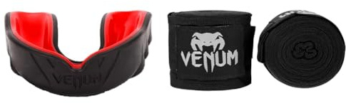 Venum Erwachsene Zahnschutz Challenger, Schwarz/Rot, One Size & Erwachsene Bänder Kontact Handgelenk und Armschoner, Schwarz, 4m