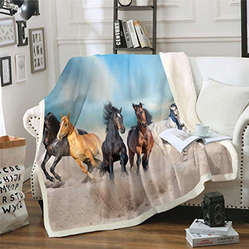 Homewish Schwarzes Pferd Flanell Decke 130×150,Kinder Jungen Galoppieren Denk-Wurf-Decke,3D Bauernhof Tiere Sherpa Decke Für Teens Erwachsene,Rustikale Landstil Plüsch Bettdecke Für Bett Couch