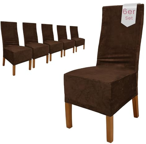 Scheffler Home Stuhlhussen Samt Braun 6er Set Puma | Weiche Velours-Stuhlbezüge, elastisch und waschbar, für Hochlehner, Polsterstühle und Esszimmerstühle