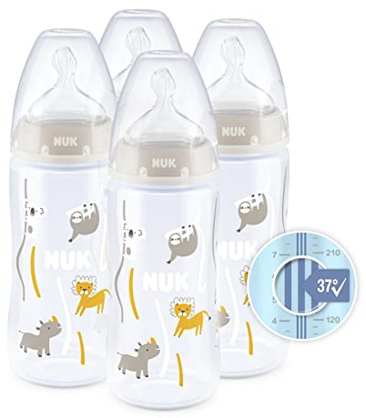 NUK First Choice+ Babyflaschen-Set, 0–6 Monate, Temperaturkontrolle, Anti-Kolik-Entlüftung, BPA-frei, Silikon-Trinksauger, 300 ml, Safari, Beige, 4 Stück
