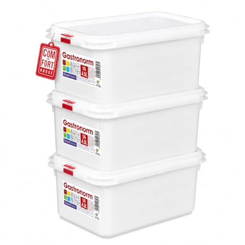 COM-FORT HOUSE Tupper Hermético Rectangular 4,5L Pack 3 – Recipientes de Plástico con Tapa, Reutilizables, Aptos Microondas y Congelador, Color Blanco – Uso profesional en restaurantes y hostelería