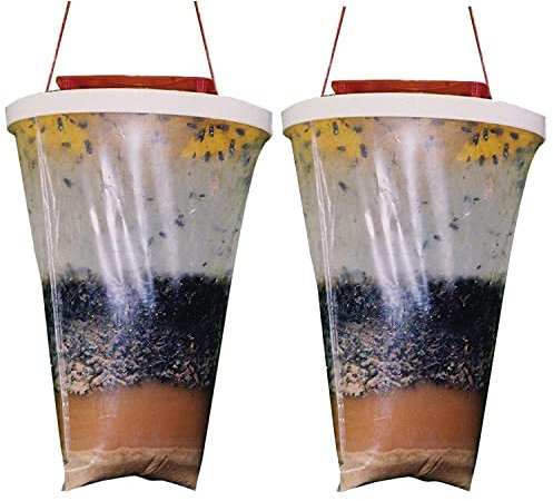 Fly Trap, 2 Packs Outdoor Hanging Fly Catcher, Can Catch and Hold up to 20,000 Flies, Disposable Ranch Fly Trap Catcher Bag for Outdoor Garden, Farm, Ponytail (Bait Not Include)