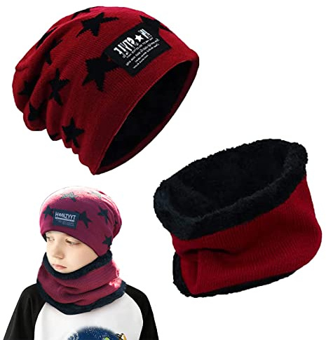 May Huang Kinder Wintermütze, Beanie Mütze und Schlauchschal, mit Fleecefutter Mütze Schal Sets, Winter Verdicken Fleece Thermisch für Jungen Mädchen Passgenau für 5-14 Jahre (rot)