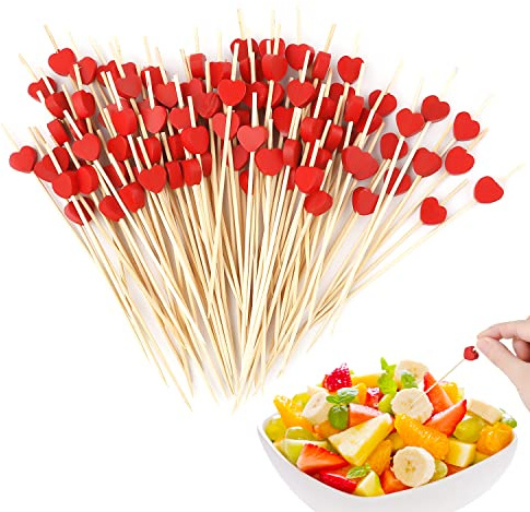 AIEX Palillos para Cocteles, 100 Uds 12cm Palillos para Aperitivos Madera de Corazón Rojo Palillos de Dientes Decorativos Palitos de Frutas para Bodas Fiestas Cumpleaños Día de San Valentín