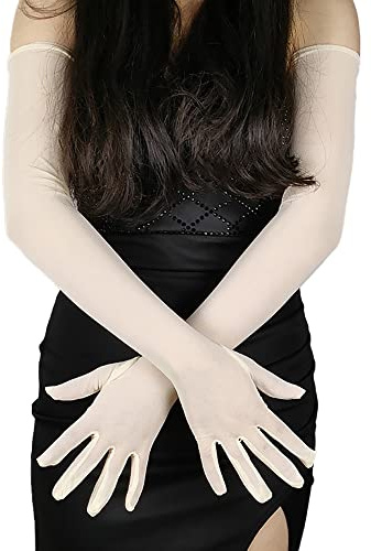 Wambere Lange Handschuhe Damen Satin Fingerhandschuhe Oper Braut Tanzhandschuhe Party Stretch Handschuhe Erwachsene Halloween Handschuhe Durchsichtig Ellenbogen Lang für Hochzeit Abend,Beige