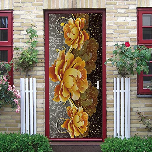 stickers paroi de douche 50x125cm(19.68 inches * 49.21 inches)Jaune fleurs 3D porte autocollants Mural autocollant mural auto-adhésif Art toile affiche impression vinyle maison décalcomanie déco Art d