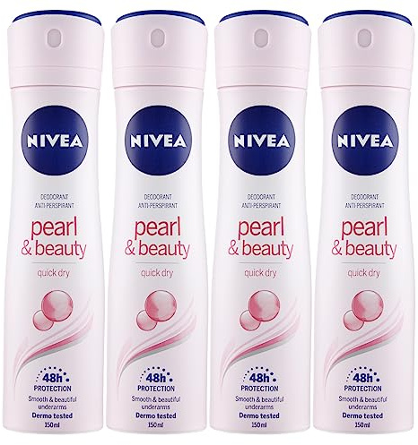 NIVEA Pearl & Beauty Deo-Spray Antitranspirant, 48 Stunden Schutz gegen Schweiß und Gerüche, Sanfter Duft, Langanhaltende Frische, Quick Dry Formel mit Schneller Absorption, 4 Flaschen à 150 ml | 48 Stunden Schutz gegen Schweiß und Gerüche, Sanfter Duft, Langanhaltende Frische, Quick Dry Formel mit Schneller Absorption