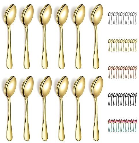 Evanda Teelöffel Gold 12er 14cm, Kaffeelöffel aus Titainium Vergoldung Edelstah, Espressolöffel, Dessertlöffel, Kleine Löffel, Besteck für Tee, Kaffee, Dessert, spülmaschinenfest