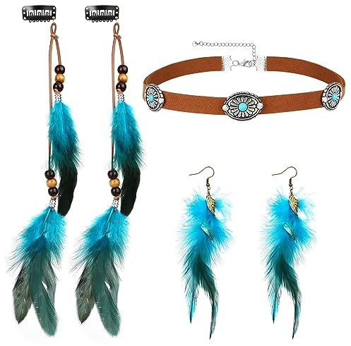 MWOOT Fjäder hårsmycke clip, indianer fjäder hårförlängningar damer, brun drop läder choker halsband, fjäderörhängen blå, boho tribal smycken för kvinnor karneval cosplay tribal kostym fest, Fjädrar,