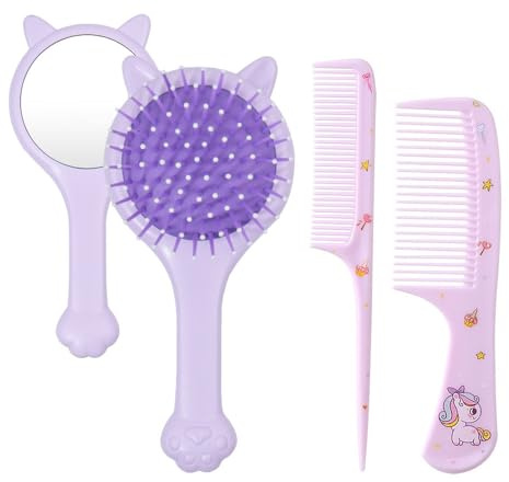 Bmeigo 3pcs Girls Hair Brush and Comb Set - Hair Detangling Brush with Mirror Wide Tooth Hair Styling Combs Detangler Baby Comb Set for Kids Curly Straight Long Hair, Purple Cute Cat