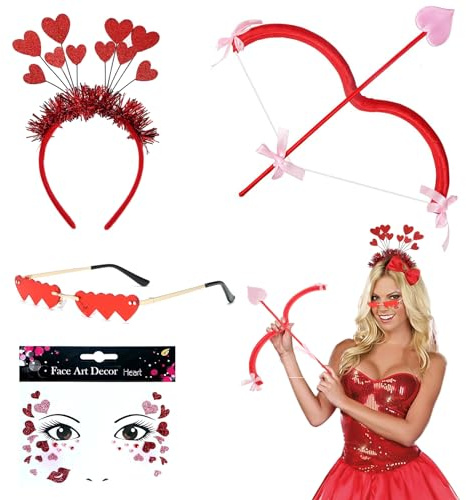 Hpbaggy Set Amor Kostüm Damen, mit HerzHaarreif, Herzbrille, Gesichtstattoo, Herzen Strasssteine, Handtasche Herz, Für Valentinstag Karneval Halloween Party