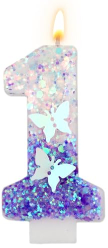 Geburtstag Zahlen Kerzen, 7,3 cm Schmetterling Kerze Geburtstag Lila Glitzer-Zahlenkerzen Lila Kuchendekoration Happy Birthday Niedliche Zahlenkerzen für Feiern (Zahl 1)