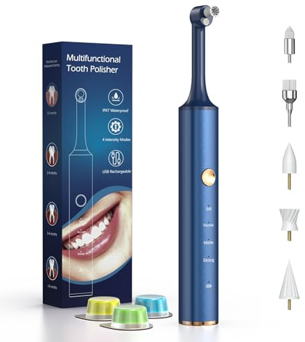 Tooth Polisher, Tooth Whitening Kit for Teeth Cleaning and Whitening, Rechargeable Teeth Polisher for People/Pets,Teeth Cleaning Kit with 5 Brush Heads,4 Speed Modes and LED Light, Waterproof(Blue)