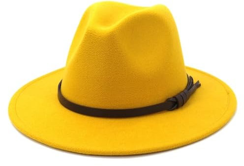 NOAMED Fengyan Hut für Herren, breite Krempe, Winter, Jazz, Fedora-Hut mit Ledergürtel, elegante Dame, Kirche, formelle Filzhüte für Damen, gelb, 6 7/8-7 1/8