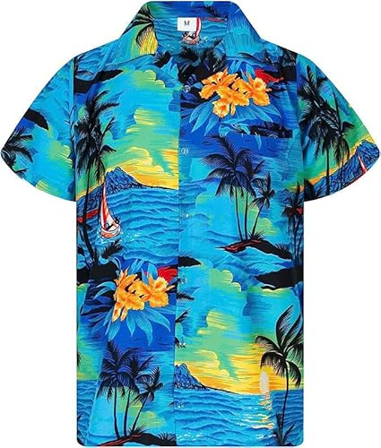 Mens Hawaiian Shirt Short Sleeve Casual Button Down Beach Party Summer Aloha Stag Hawaii Tee Holiday Palm Tree (UK, Alpha, XS, Regular, Regular, Light Blue)