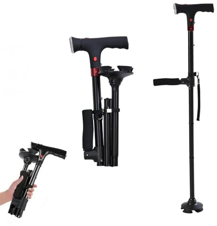 Bastone da passeggio pieghevole con luce LED e allarme SOS, per uomini e donne, leggero, regolabile e portatile, con base quadrupla, supporto per la mobilità per anziani, con doppia maniglia e cinghia