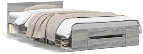 IKAYAA Bettgestell mit Schublade Grau Sonoma 90x200 cm Holzwerkstoff, Bettrahmen, Bett Gestell