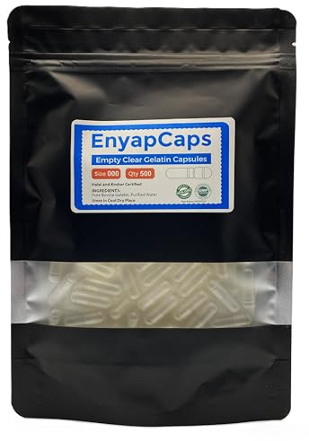 EnyapCaps Size 000 Empty Gelatin Capsules - 500 Count Clear Extra Large Halal & Kosher Certified Empty Pill Caps for DIY Supplement Filling